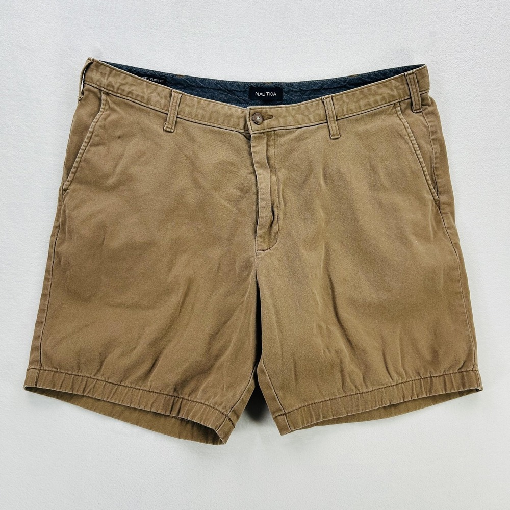 Nautica Deckshort Shorts Mens 40 Khaki Classic Fit Stretch Chino 8 Inch Inseam